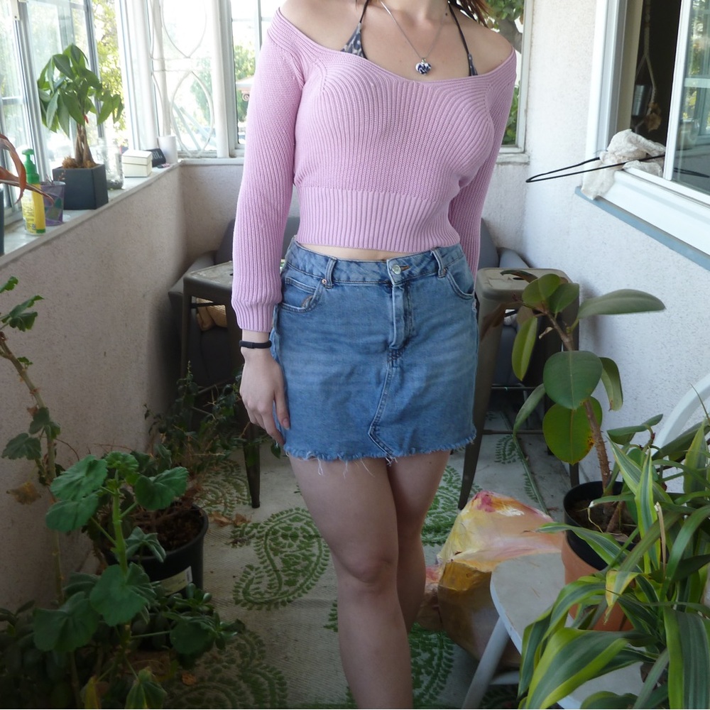 Pink Off-Shoulder Sweater and Denim Skirt